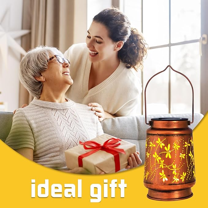 2 Pack Dragonfly Solar Lantern Lights Outdoor Decor, Hanging Metal Decorations Waterproof with LED Light, Landscape Lights for Garden Patio Yard Lawn Backyard Front Porch Gifts for Mom Grandma