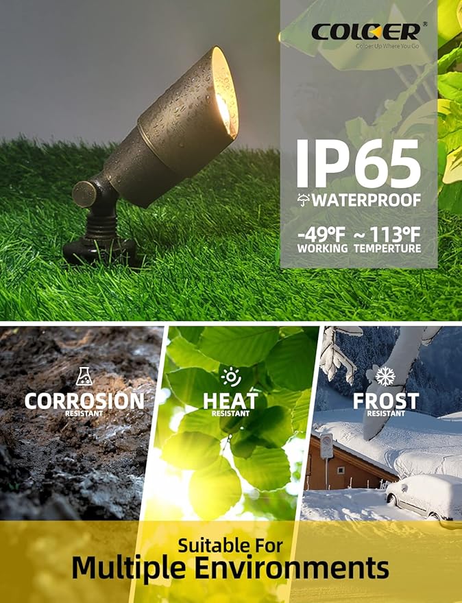 COLOER Brass Landscape Spotlights, 12 Pack Spot Lights Outdoor with 5W Aluminum Housing MR16 LED Bulb 2700K 450LM, 12V AC/DC Low Voltage Outdoor Lighting for Yard, Uplight for Garden and Patio(101B)