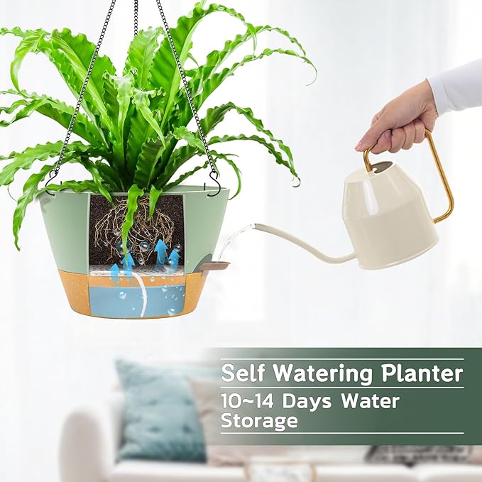 ZMTECH 12 Inch Hanging Planters for Indoor Plants, 2 Pack Self Watering Hanging Planter with Visual Reservoir, Hanging Pots for Plants Outdoor with Drainage Hole and Plant Hanger(Green)