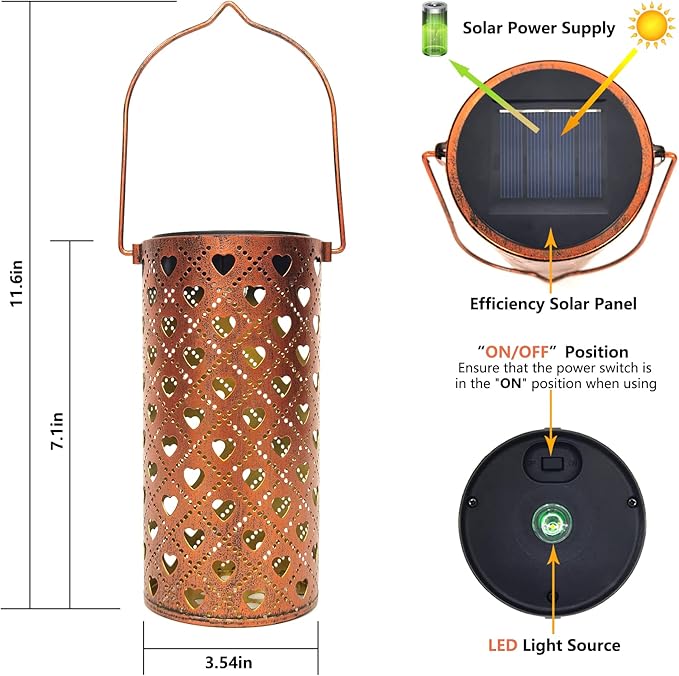 Solar Lanterns Outdoor Hanging Heart Pattern Decor Lantern,Waterproof Hollow Out Metal Decorative Garden Light,Graceful Decoration for Patio,Yard,Landscape,Walkway,Festival