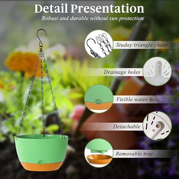Bevgems 3 Pack 8.26 Inch Hanging Planters, Plastic Self-Watering Hanging Flower Plant Pot, Decorative Flower Pot Holder with Drainage Holes & Removable Tray for Indoor Outdoor Plants,Flowers, Herbs