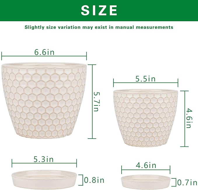 Docrin Ceramic Plant Pots Indoor, 6.6 + 5.5 Inch Flower Pots with Drainage Holes and Saucer for Plants, Set of 2, Milky White Honeycomb