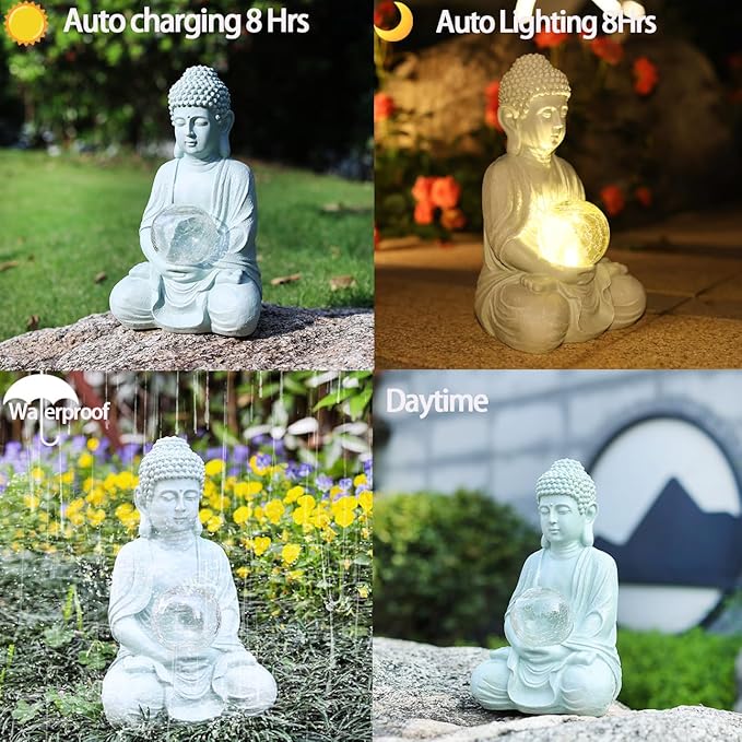 Buddha Garden Statue with Solar Light, Solar Meditating Garden Buddha with Cracked Glass Ball Sculpture-Indoor/Outdoor Decor for Balcony,Garden,Patio,Porch Yard Art Ornament,Gift