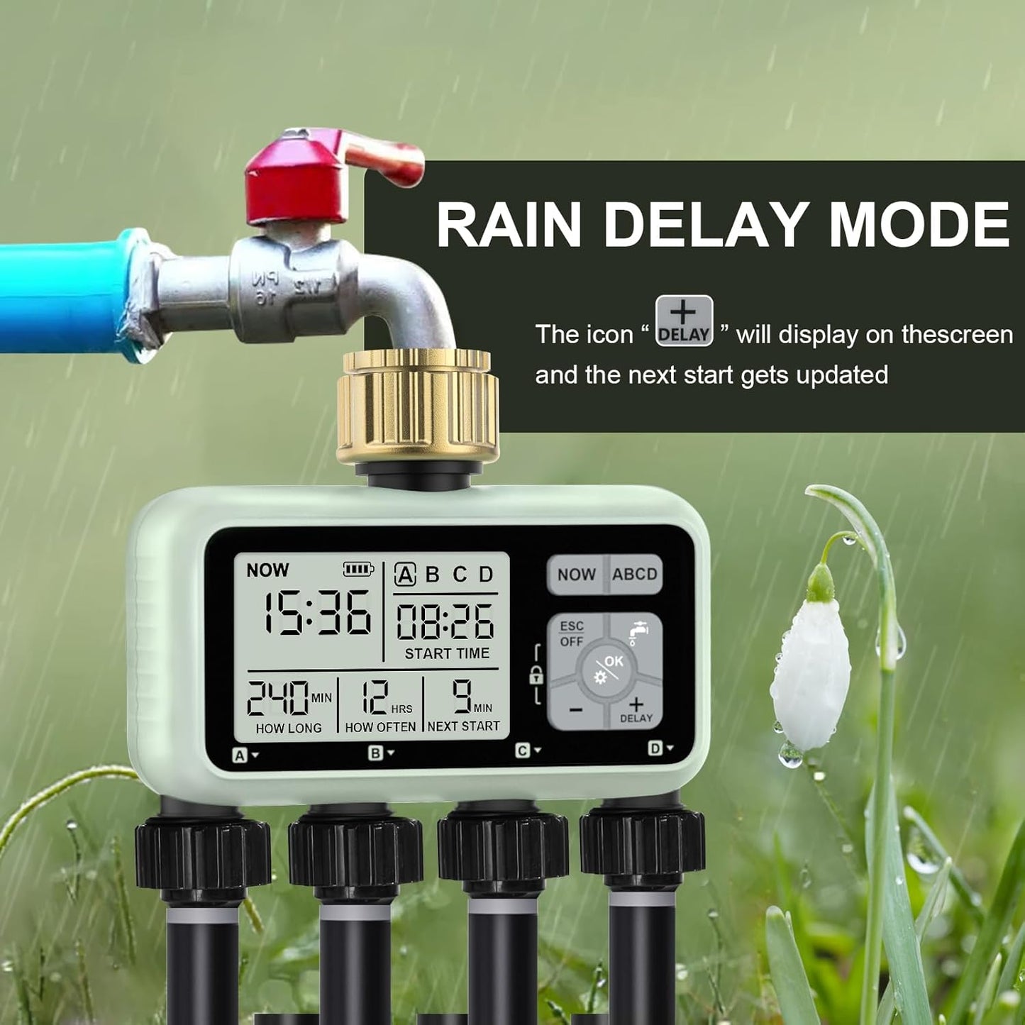 Watering Timer 4 Zone with with Brass Inlet, Sprinkler Timer, Programmable Garden Outdoor Hose Faucet Timers with Rain Delay/Manual/Automatic Watering System,Water Hose Irrigation Timers 4 Outlet