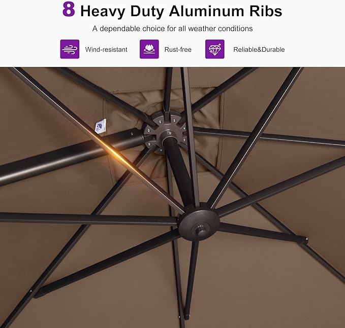 PURPLE LEAF 9' X 11.5' Rectangle Cantilever Umbrella Patio Umbrella Outdoor Aluminum Offset Hanging Umbrella with 360-degree Rotation for Pool Garden Backyard Deck, Taupe