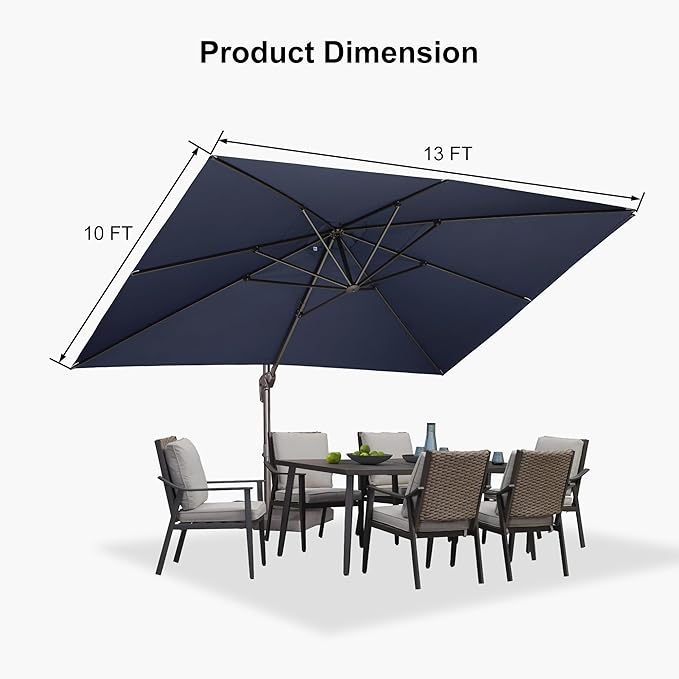 PURPLE LEAF 10' X 13' Patio Cantilever Umbrella Rectangle Umbrella Outdoor with Aluminum Offset Hanging and 360° Rotation for Pool Garden Deck Patio, Navy Blue