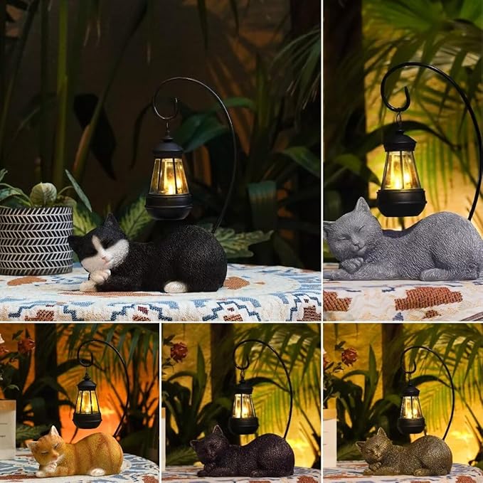 Garden Statue Solar Cat Figurine with Solar Lantern, 13" Tall Cat Statue Resin Kitten Yard Art, Cat Statues Outdoor Statue Decoration for Whimsical Lawn, Porch, Balcony, Housewarming Gifts for Mom