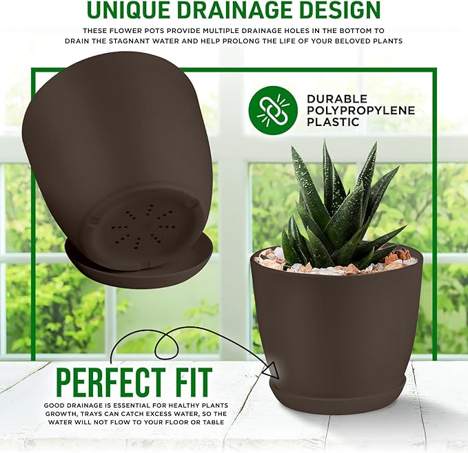 Planter Pots with Drainage Holes - Lightweight, Durable & Space-Saving Pots for Indoor and Outdoor - Versatile Functionality, Simple Modern Design, Set of 10 Plastic Planter Pots - Brown