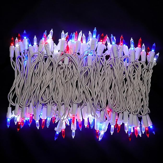 MULTI-SPARKING Red White and Blue LED Christmas Lights - 100 Count 4th of July Patriotic String Lights for Tree, Party, Independence Day Decorations, 33 Feet White Wire, UL Certified, Connectable