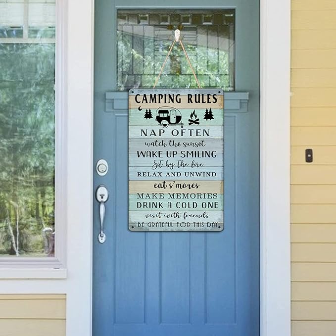 Camping Decor For Camper Camping Rules Sign Metal Tin Signs Lake Camper Door Decorations For Inside Funny Camping Themed Decor Rv Wall Art Decor Cabin Sign 12 X 8 Inch