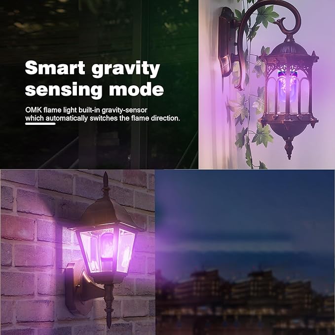 OMK 【Upgraded】 Purple LED Flame Light Bulbs - Flickering Light Bulbs with Gravity Sensing, E26 Base Flame Bulb, Holiday Christmas Indoor Outdoor Light Bulbs, Valentine Decoration Gifts Lights (2Pack)