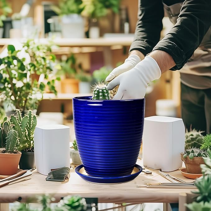 Ceramic Planter Pot - 8 Inch Plant Pot with Drainage Hole and Tray Round Planter Modern Flower Pot for Indoor Outdoor Plants Decorative Garden Pot Blue