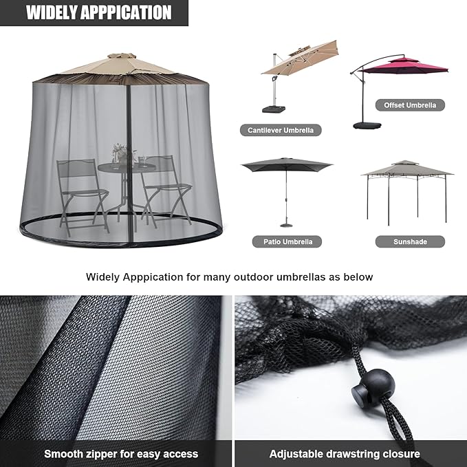 9-11 FT Umbrella Net for Outdoor Umbrella, Universal Hanging Mosquito Net for Patio,Polyester Mesh Umbrella Screen for Patio Tables with Zipper (Black)