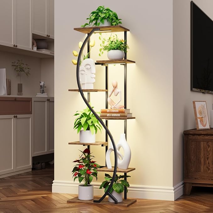 59" Tall Plant Stand with Grow Light Indoor, 7 Tiered Metal Plant Shelf, S-Shaped Flower Display Stand, Corner Storage Shelf for Living Room, Patio, Balcony Decor