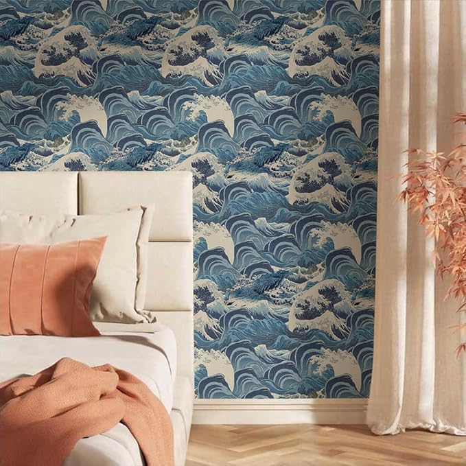 Hand Drawn Blue Sea Wave Reef Peel and Stick Wallpaper Self Adhesive Removable Easy Peel Off Stick on Wall Paper for Bedroom Cabinet Renter Friendly