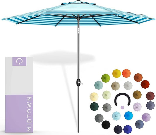 Midtown Umbrellas The Lean 8 Feet Outdoor Umbrella With Terylast Cobalt Stripes (Blue/White Stripes) Polyester Fabric - Auto-Tilt Aluminum Frame Patio Umbrella For Deck, Garden, Pool - Black Pole