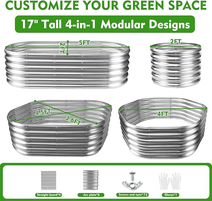 17" Tall Outdoor Garden Raised Garden Bed Kits, 5ft X 2ft Oval,0.8MM Thick Metal Raised Planter Bed/Ground Planter Box for Variety of Flowers,Herbs,Vegetables (Silver, 60X24X16.5 Inches)