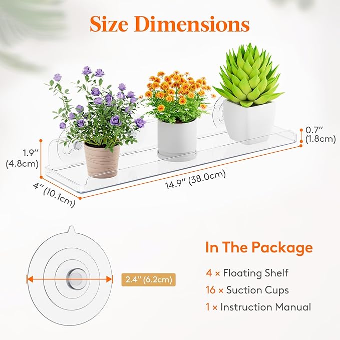 Lifewit Window Plant Floating Shelves 15 inch, 4 Pack Acrylic Suction Cup Shelf, Window Sill Extender for Indoor Succulent Plants, Micro Greens, Seed Starter Pots, Herb Planters