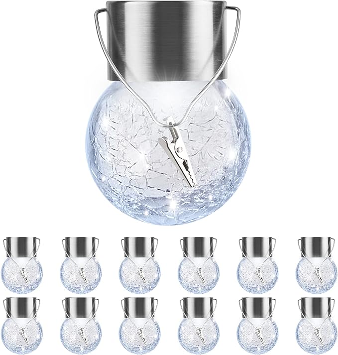 PARTPHONER 12 Pack Hanging Solar Lights Outdoor, Waterproof Solar Globe Lantern with Handle and Clip, Decorative Cracked Glass Ball Lights for Christmas Decor, Tree, Yard, Garden, Patio (Cold White)