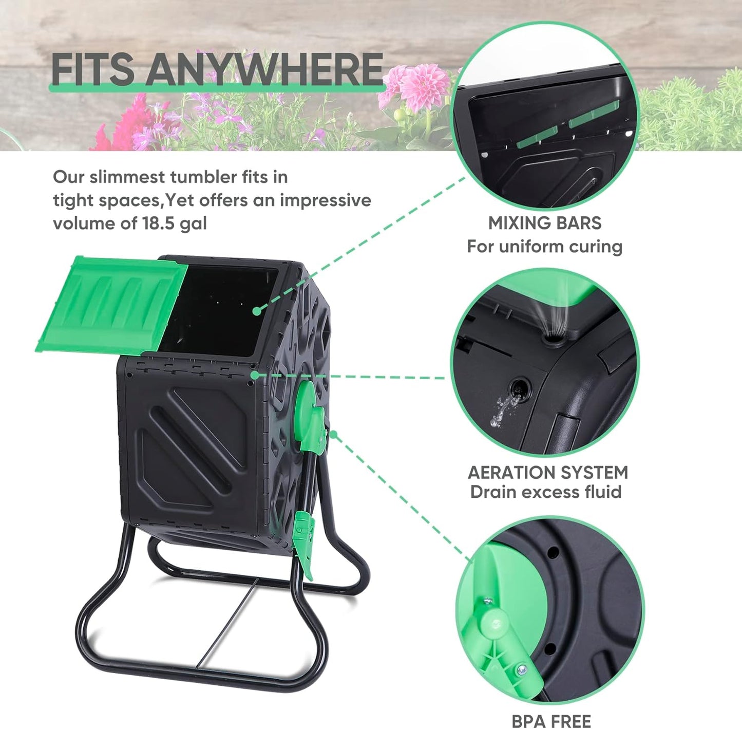 Nouva Outdoor Composting Bin, 18.5 Gallon Single Chamber Small Tumbling Composter,Steel Frame Heavy Duty Barrel for Kitchen Garden Yard