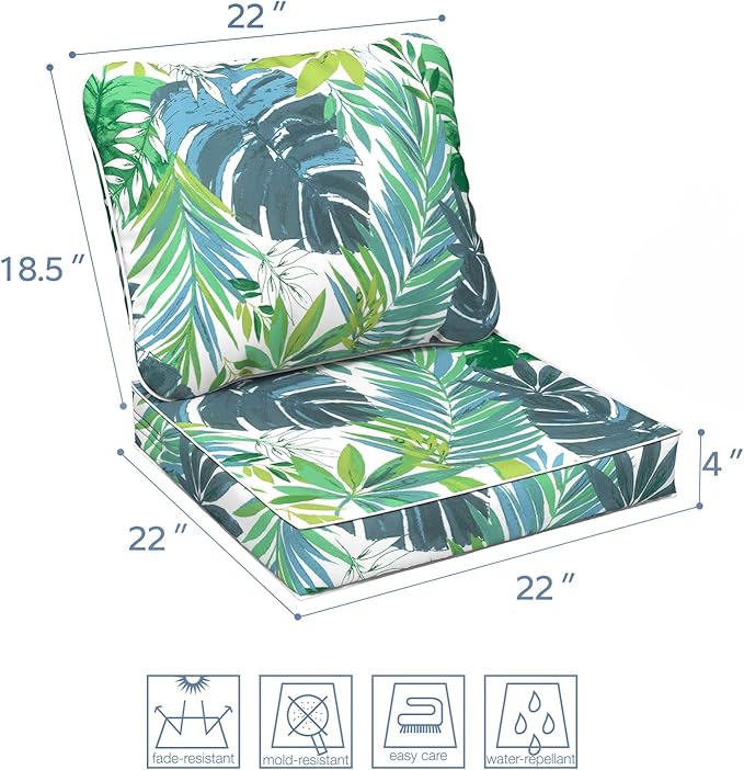LVTXIII Outdoor Deep Seat Cushion Patio Seat and Back Cushion Set Seasonal Chair Cushion for Dining Arm Chairs, Wicker Chairs and Garden Furniture Decoration, 22"x22"x4", Islamorada Blue Green