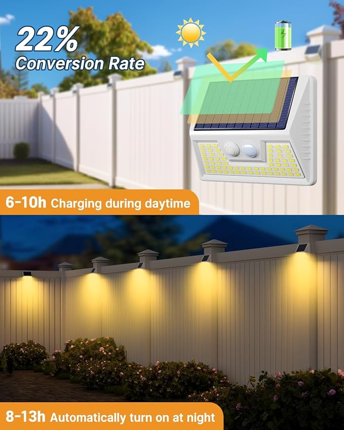 4 Pack Solar Fence Lights Waterproof, Motion Sensor Deck, Warm White LED Outside Wireless for Wall, Yard, Garden - White