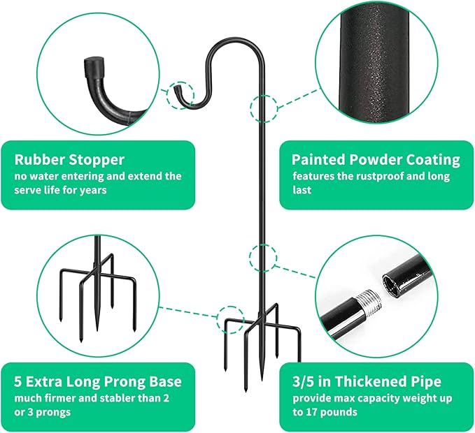5-Prong Shepherd Hooks for Outdoor, Heavy Duty Iron Garden Hooks for Hanging Plants, Bird Feeders, Lanterns, Solar Lights, and Wedding Decor – Rust-Resistant, Adjustable, Easy to Install 36 Inch