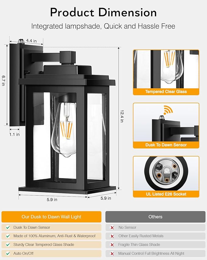 VIANIS Dusk to Dawn Outdoor Lights for House, Black Outdoor Light Fixture, Waterproof Exterior Lighting Fixtures Wall Mount, Outdoor Wall Lights for House, Garage, Garden, Porch,Hardwired, Non-Solar