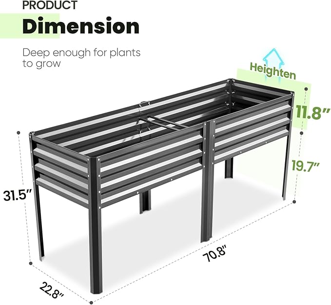 KING BIRD Raised Garden Bed with Legs Galvanized Large Elevated Planter Box for Backyard, Patio, Balcony, 600lb Capacity, Dark Grey 70.9x22.8x31.5 in