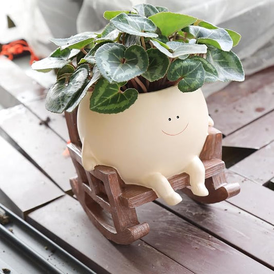 Smily Face Planter Pot Cute Resin Flower Head Planters for Indoor Outdoor Plants Unique Sitting Rocking Chairs Succulent Pots for String of Pearls Plant Live Gift Ideals with Drainage Hole