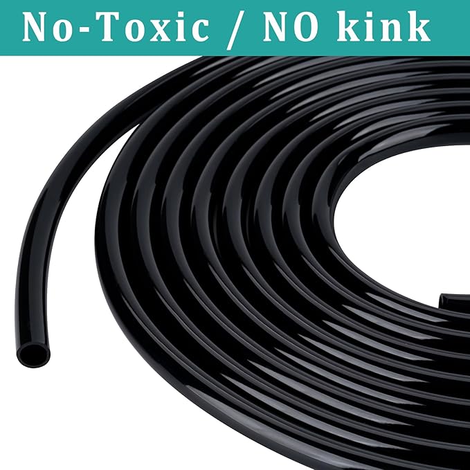 1/4" id - 100ft Black Vinyl Tubing Flexible PVC Tube Hybrid Hose Transfer Water Fuel Gas for Pond Fountain Garden Waterfall, Durable and Safe, with 2 Hose Clamps