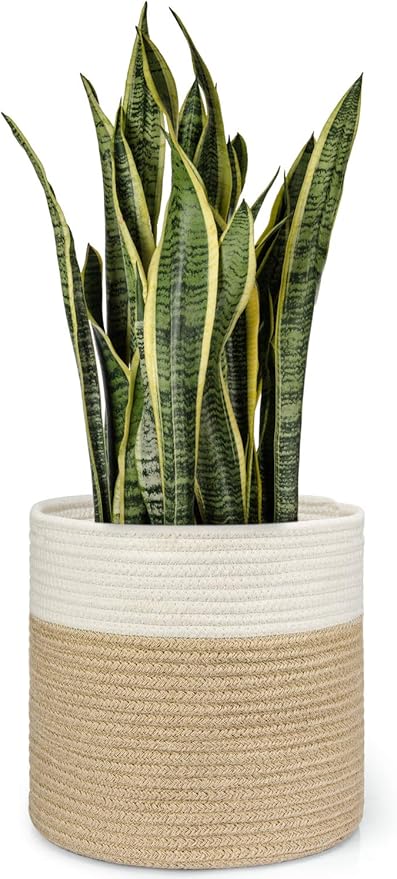 Dahey Jute Spliced Cotton Rope Plant Basket Modern Woven Storage Basket for 10" Floor Indoor Planter, Decorative Flower Pots Cover Laundry Bin with Handle Rustic Home Decor, White and Beige