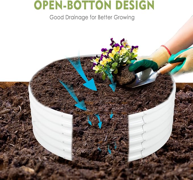 FORTUNO 2 Pcs 17" Tall 4 Ft Round Raised Garden Bed Box Galvanized Metal Outdoor High Flower Bed Steel Patio Ground Planter for Planting Vegetables and Herbs, White