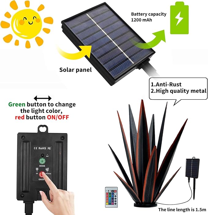 Large Tequila Rustic Sculpture, Rustic Metal Agave Plants for Outdoor, Metal Agave Garden Yard Statue, Outdoor Lawn Ornaments Yard Stakes (Rusty - L (W/Solar Light))