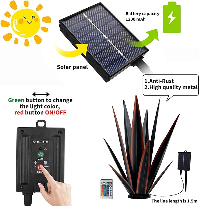 Large Tequila Rustic Sculpture, Rustic Metal Agave Plants for Outdoor Patio Yard, Home Decor Hand Painted Metal Agave Garden Yard Statue, Outdoor Lawn Ornaments (Red - L (W/Solar Light))