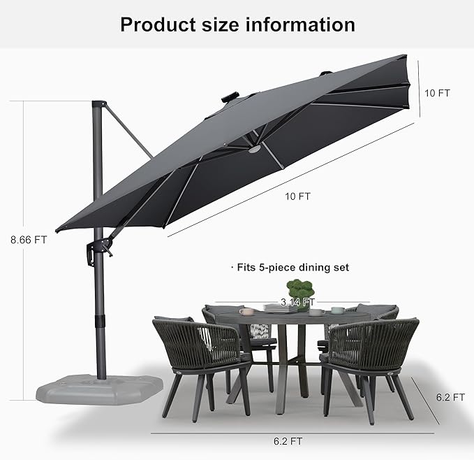 PURPLE LEAF 10 Feet Patio Umbrella with Base Outdoor Cantilever Solar Powered LED Square Umbrella Aluminum Offset Umbrella with 360-degree Rotation for Garden Deck Pool Patio Light Grey