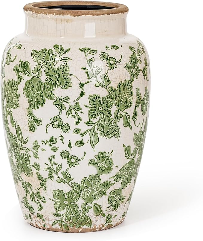 Sungmor Ceramic Flower Vase, Vintage Ice Cracked Glaze Porcelain Vase, Pretty Home Decor Vase for Flower Arrangement, Fresh Flowers, 10.2 Inch Tall Chinoiserie Pottery Vase, Green Floral Pattern