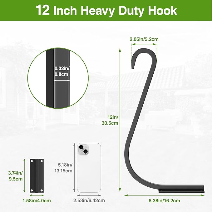 12 Inch 4 Pack Plant Hangers for Indoor/Outdoor Wall Mount - Heavy Duty Hanging Plant Holder & Bird Feeder Hooks, Decorative Black Metal Wall Hangers for Plants, Flower Baskets