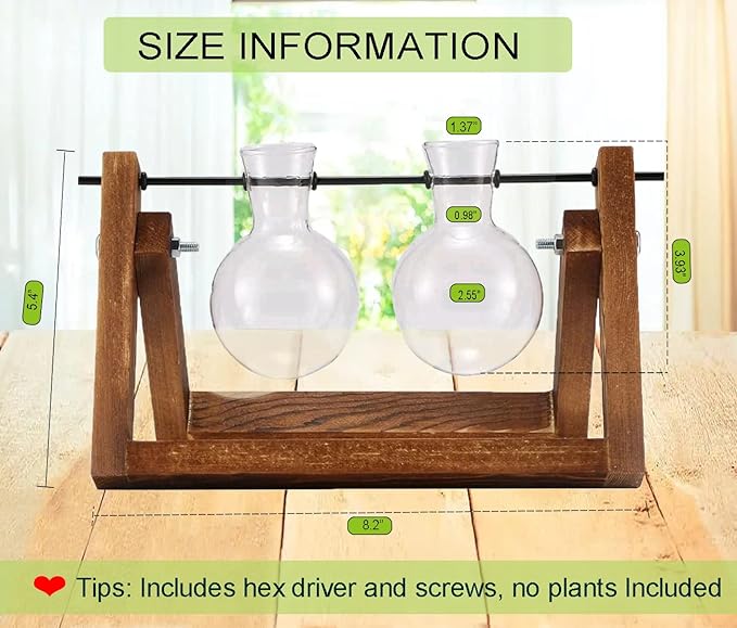 Kingbuy Glass Desktop Planter with Retro Wooden Stand and Plant Terrarium vase (2 Bulbs) for Indoor Office Desk Decor Accessories