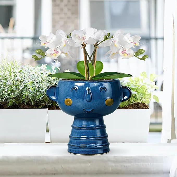 Face Planter Pot Head 7 Inch - Cute Ceramic Head Planter for Indoor Outdoor Plants Unique Flower Pot with Drainage Hole Gift Ideas for Christmas Blue