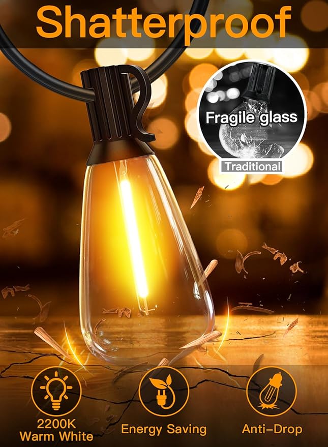 Ollny 50FT Outdoor String Lights, Shatterproof Connectable Patio Lights with 25+2 Spare ST38 Vintage Bulbs, 2200K Warm White Waterproof Outside Hanging Light for Camping Yard Gazebo Porch Balcony