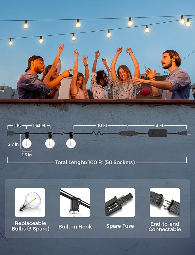 XMCOSY+ Outdoor String Lights, Smart Patio Lights 100Ft Dimmable Outdoor Lights Warm White, 50 G40 LED Bulbs, WiFi String Lights for Outside, Work with Alexa, APP Control, Waterproof Extendable