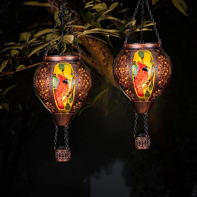 Hot Air Balloon Solar Lantern Outdoor - Flame Hanging Solar Light Waterproof Lanterns for Patio Garden Yard Farmhouse Decor, Great Gift(Cardinal 2)