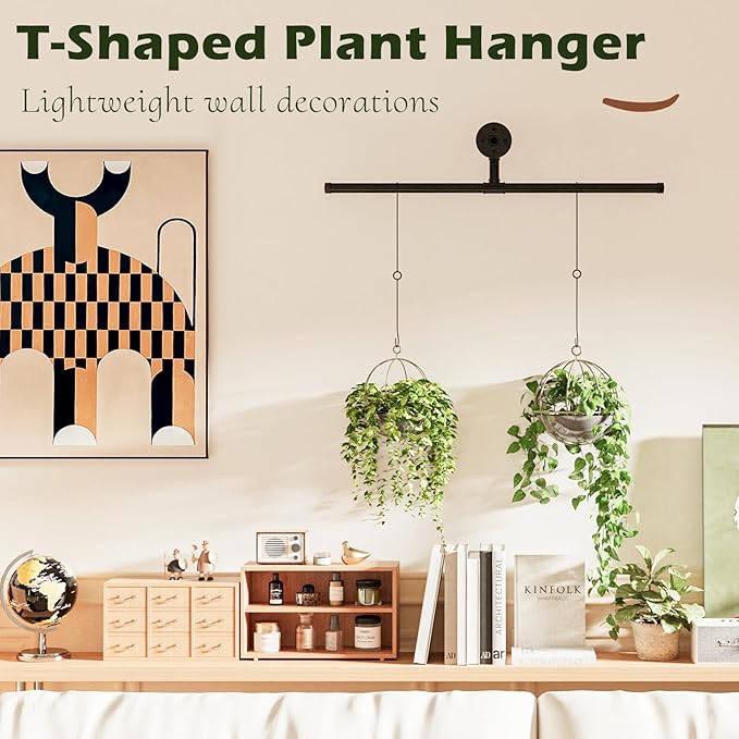 T-Shape Hanging Planters for Indoor Plants Plant Hanger Indoor Window Plant Shelves Hanging Plant Holder Black Metal Rod Ceiling Wall Mount(Pot & Plant Not Included)