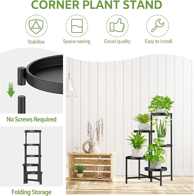 iDavosic.ly 5 Tier Large Plant Stand Indoor with 10 Inch Wide Tray, Tiered Corner Metal Outdoor Flower Display Holder Shelf, Folding Tall Rack for Patio Porch Living Room, Modern Black