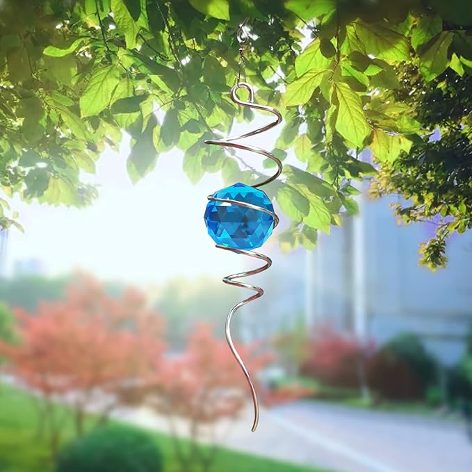 Gazing Ball Spiral Tail, Wind Spinner Spiral Peacock Blue Crystal Orb with Swivel Hook, Sun Catcher Rainbow Maker Hanging Decor for Yard Garden Rotating Art Ornaments Great Gifts 13" Height