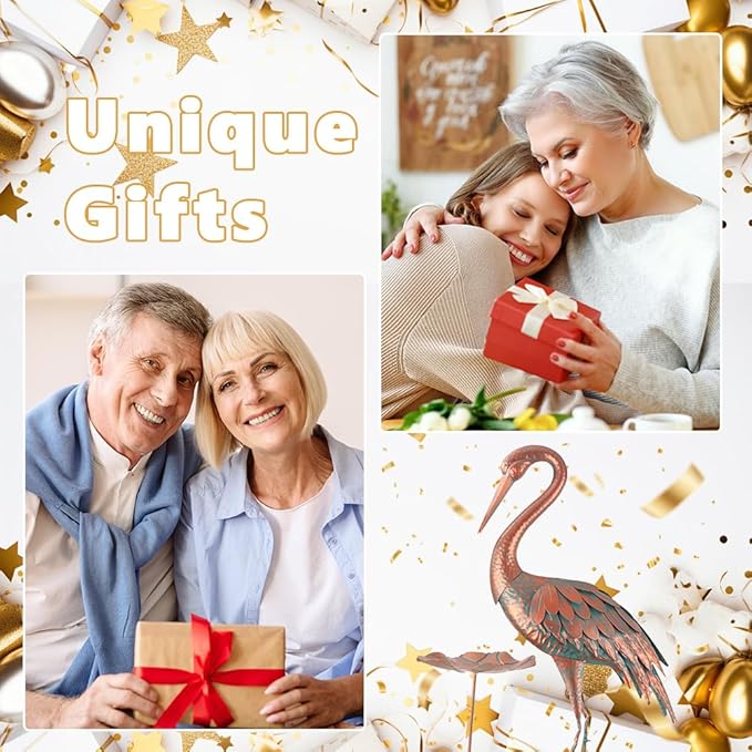 42'' Crane Garden Statue, Heron Outdoor Statue & Sculpture with Lotus Leaf, Metal Heron Yard Art Decor for Garden, Yard, Lawn, Pond (Brown & Blue)