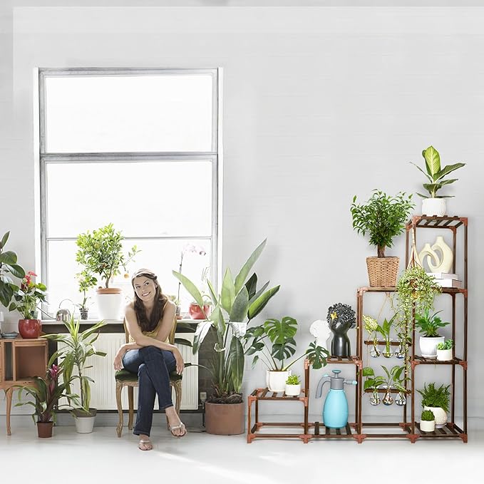 XXXFLOWER Plant Stand Indoor Outdoor Wood Plant Shelf for Multiple Plants ，Large Plant Rack for Window Garden Balcony Patio Porch Living Room (Brown-8 Potted)