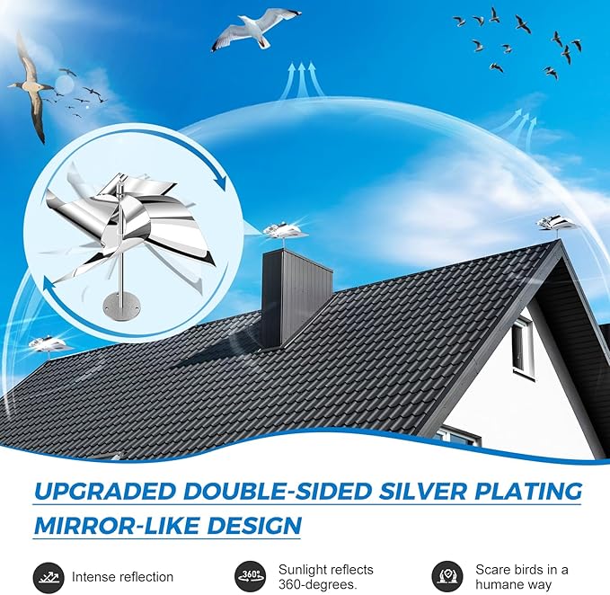 2 Pack Reflective Wind Powered Scare Devices, Weatherproof Aluminum Reflective Spinning Deterrent for Outside, Protect Your Gardens, Patios and Roofs from Bird Problems