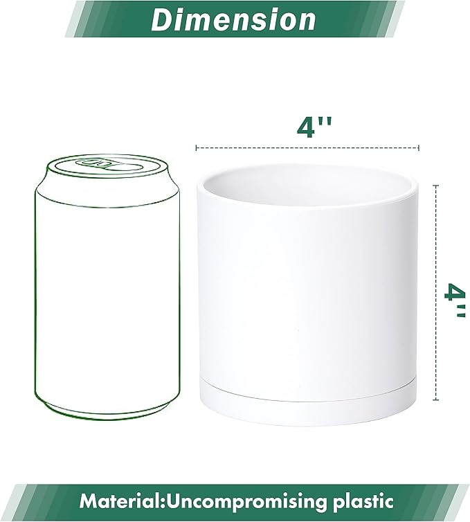 D'vine Dev 4 Pack 4 Inch Modern Plastic Plant Pots, Small Garden Planters for Plant with Drainage Holes and Saucers, White Color, 74-Z-E-2
